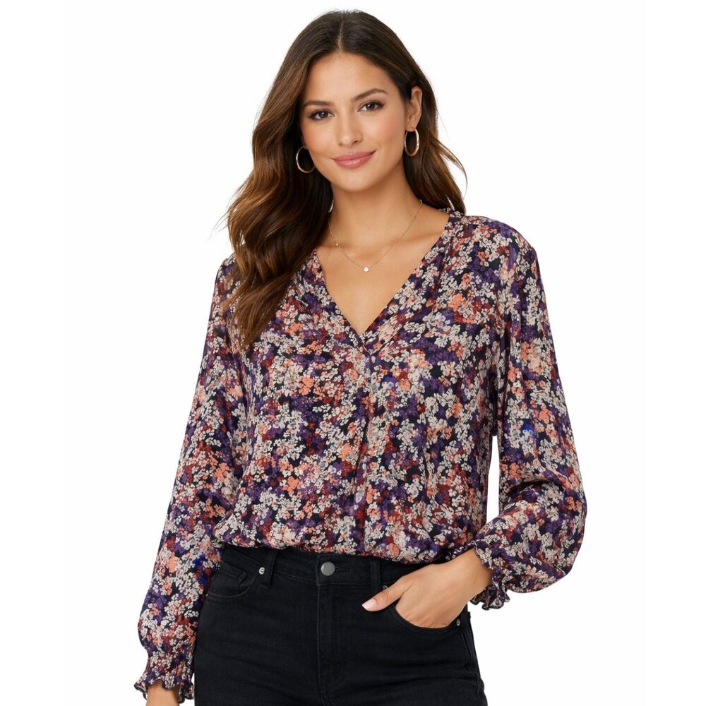 Sanctuary Blouse Women's Sz L Multicolor Floral Long Sleeve V-Neck Career Casual